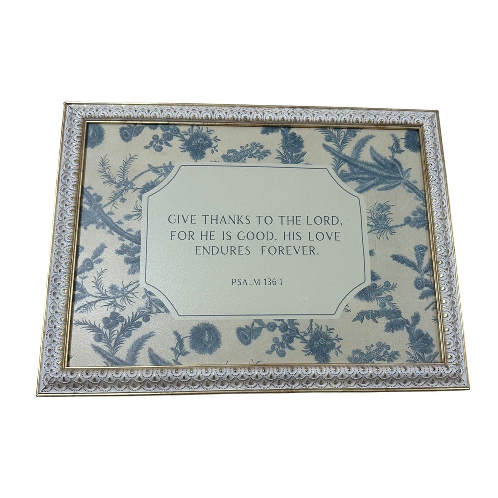 Petal Lane Home Psalm 136:1 Framed Wall Art Blue Toile Ornate White Gold 15x11